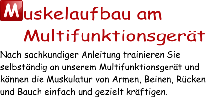 M uskelaufbau am  Multifunktionsgerät Nach sachkundiger Anleitung trainieren Sie selbständig an unserem Multifunktionsgerät und können die Muskulatur von Armen, Beinen, Rücken und Bauch einfach und gezielt kräftigen.